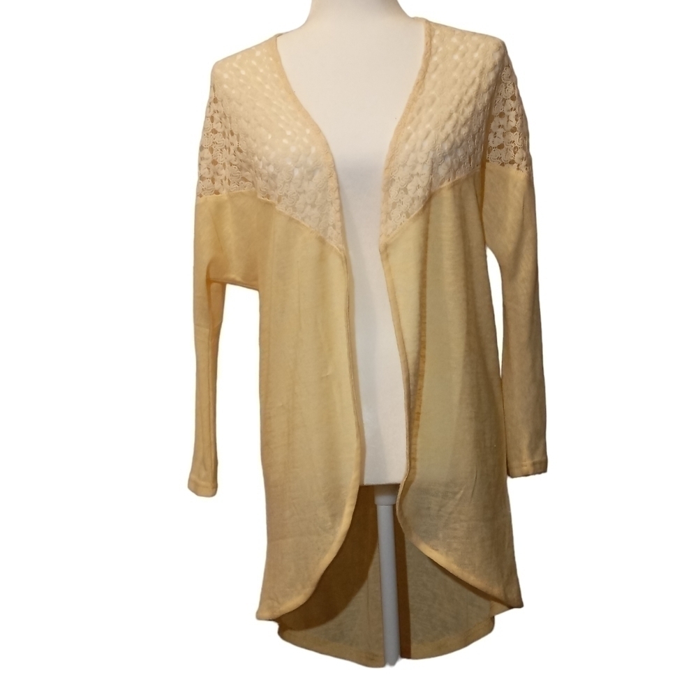 Umgee long-line, open cardigan, soft cream-yellow, lace crochted size S-M
